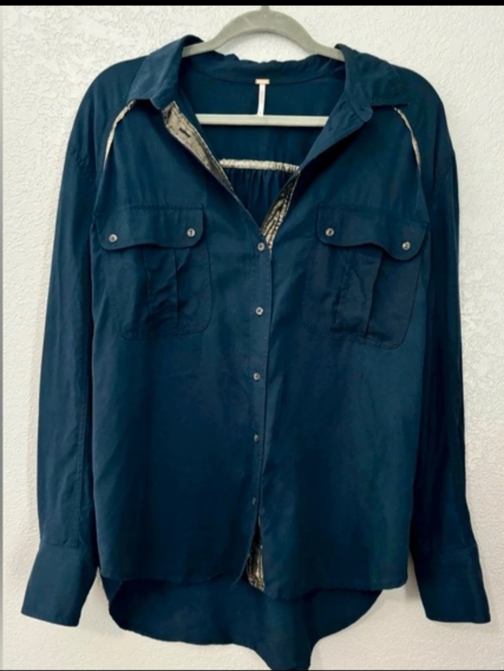 Free People Navy And Silver Button-Front Shirt
